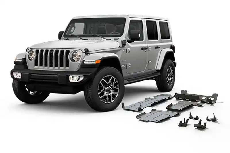 Kit de protecciones de bajos RIVAL aluminio 6mm Wrangler JL 4 puertas (5 piezas, parachoques origen)