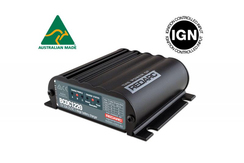 Cargador Multietapa 20Amh (12v) (Redarc) - El REDARC BCDC1220-IGN es un cargador de CC a CC para vehculos de 12V 20A adecuado para vehculos equipados con un alternador de voltaje variable controlado por ECU. 