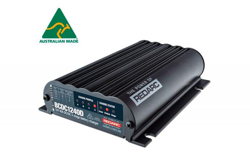 Dual Input 40A In-vehicle DC Battery Charger (Redarc) - The REDARC BCDC1240D is a 12V 40A In-vehicle DC to DC battery charger suitable for battery types including lithium, AGM, GEL, standard lead acid and calcium. 