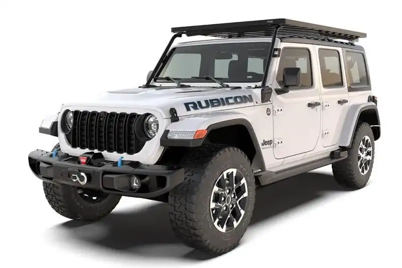 Baca de techo Slimline II para Jeep Wrangler 4xe (2021-actual) Extreme - Prepara tu Jeep Wrangler 4xe para transportar tus cosas mientras conduces por los senderos ms difciles o vives las aventuras ms extremas instalando el fiable juego de baca Slimline II. Simplemente se atornilla al chasis existente y a los puntos de montaje de la jaula antivuelco. Podrs retirar rpidamente los paneles Freedom o bajar el parabrisas mientras tu baca y tu equipo para aventuras extremas permanecen en el mismo lugar.