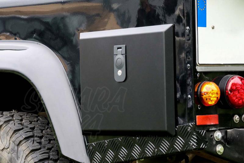 Side storage box for Land Rover Defender, stainless steel, black powder-coated rear left 