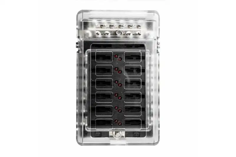 Portafusibles de 12 vas 12/24 V con riel negativo integrado e indicador LED de falla