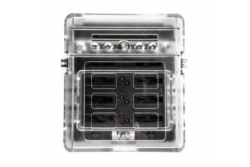 Portafusibles de 6 vas 12/24 V con riel negativo integrado e indicador LED de falla