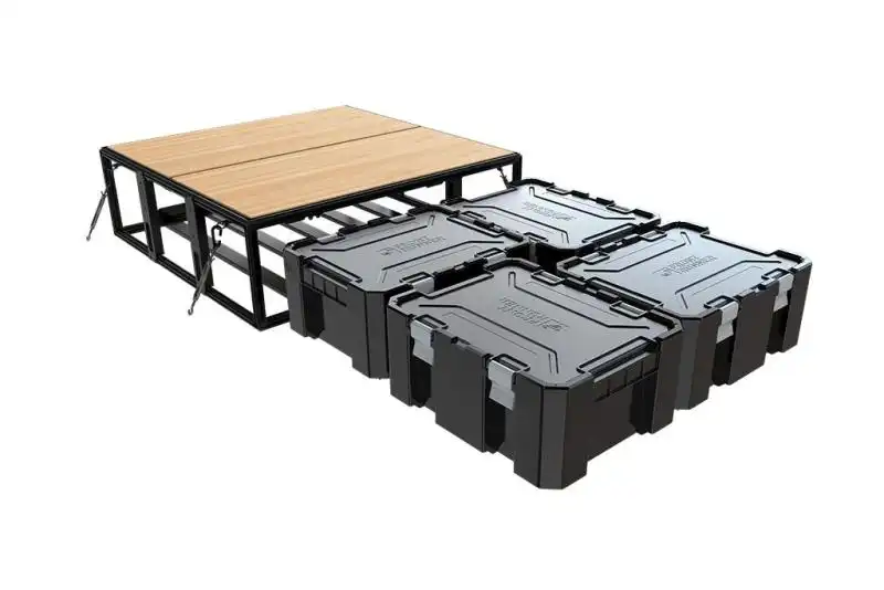 4 Wolf Pack Pro Storage System Kit/ Asymmetric - This smart, asymmetrical storage solution enables your vehicle to house the four included Wolf Pack Pro boxes. It takes only minutes to install, and then you can slide the Wolf Pack Pro boxes into place. This is a spring-loaded system so the boxes wont vibrate or move excessively. The clean Bamboo deck can hold a max weight of 80 kg and is the perfect place for your fridge and slide.