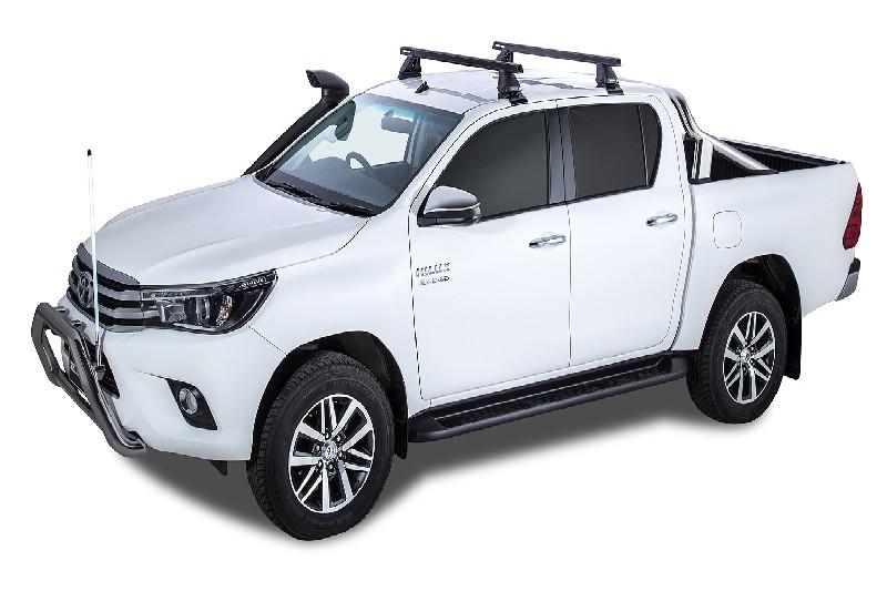 2 Barras de techo Rhino Rack Havy Duty 2500 Negras para TOYOTA Hilux Gen 8 4dr Ute Double Cab 10/15 